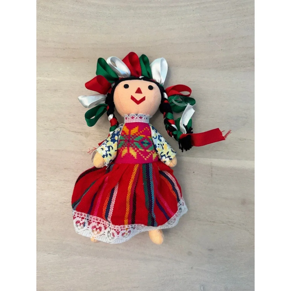 Handmade Mexican Maria Otomi Rag Doll Muneca Lele Ribbon Braids Embroidered